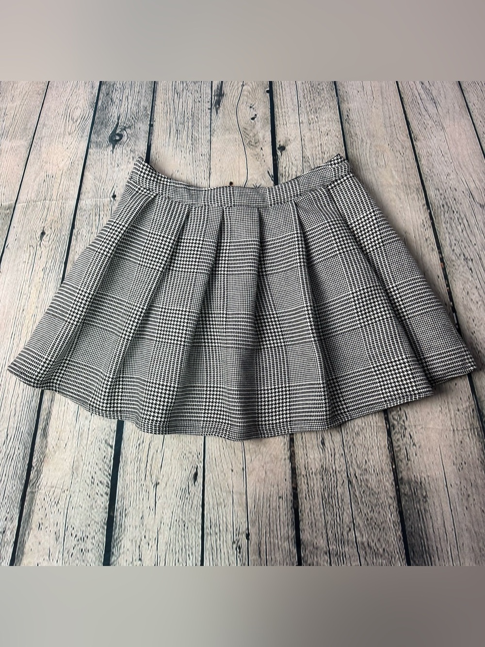 Vans Black White Micro Houndstooth Plaid Pleated Circle Skater Mini Skirt Sz 28 - Picture 3 of 9
